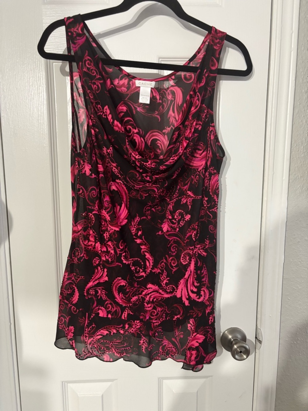 Cache Black and Pink Scroll-Print Cowl Neck Camisole - Picture 5 of 6